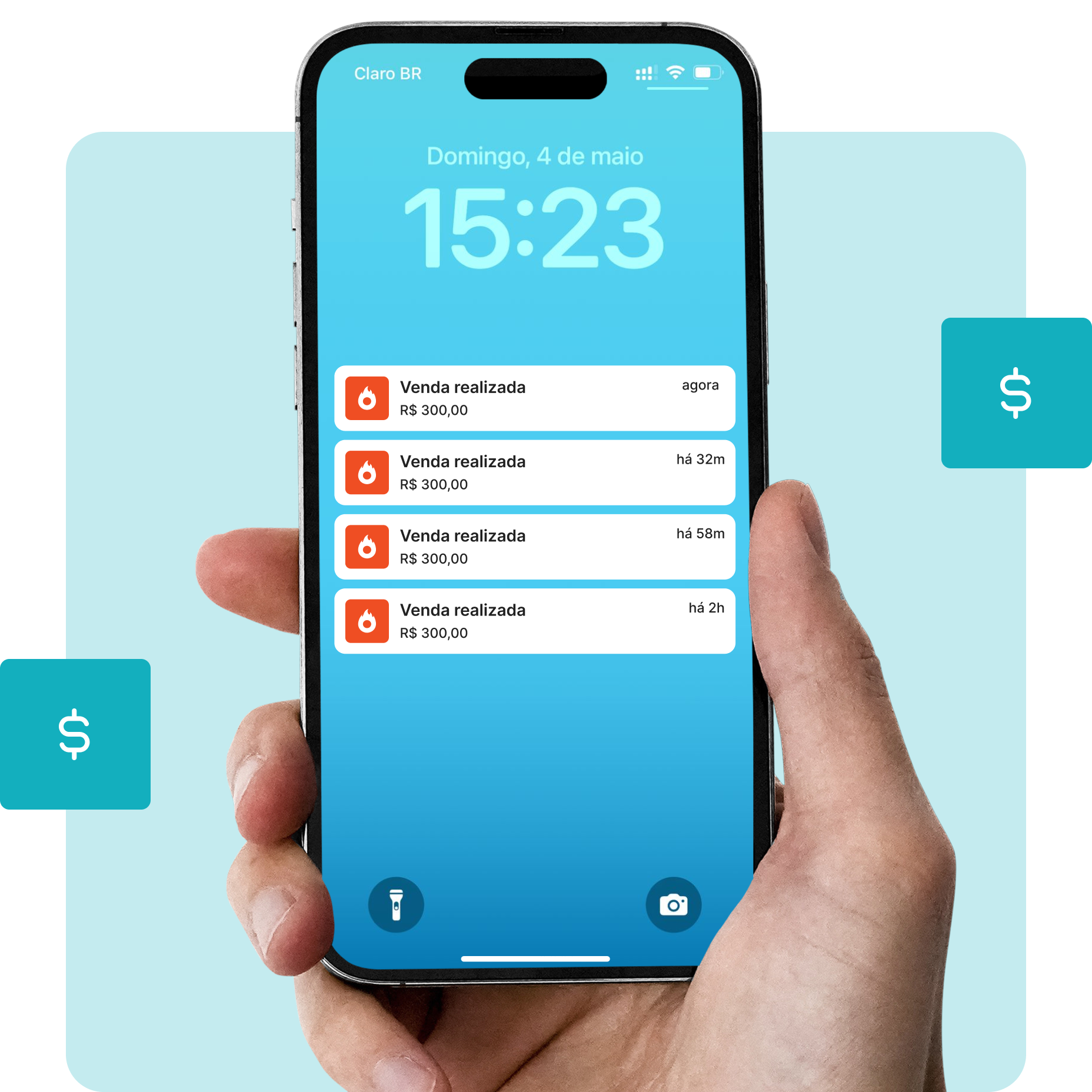 Mão segurando celular com notificações de venda InnCard
